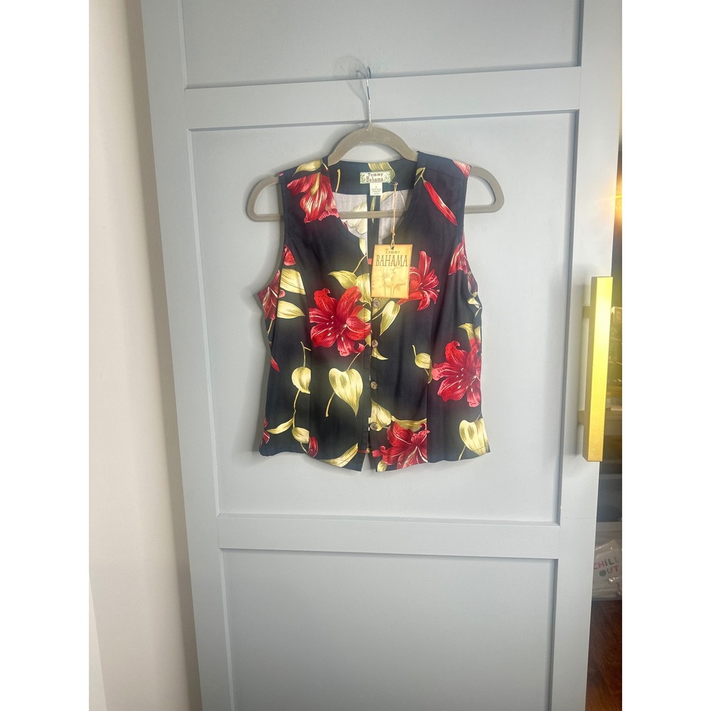 Tommy Bahama Womens Silk Floral Vest Black Red Tropical Sleeveless Top NWT S